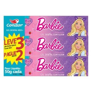 Kit 3x50g Gel Dental Condor Kids+ Barbie com Flúor Morango