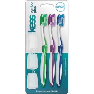 Escova Dental Kess Combo Plus Macia Cores Sortidas 3 Unidades e Ganhe 3 Capas Protetoras