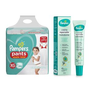 Kit Fralda Descartável Pampers Ajuste Total Top XG 66 Unidades + Creme Hidratante Reparador Pampers Girassol 30ml