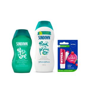 Kit com Protetor Solar Sundown + Pós Sol Sundown e Hidratante Labial Nivea