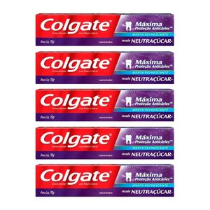 Kit 5 Creme Dental Colgate Máxima Proteção Cáries Neutraçúcar 70g Cada