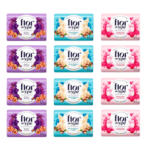 Kit 4 Sabonete Flor Ypê Frésia e Péssego + 4 Maça e Framboesa + 4 Rosas Brancas e Avelã 85g Cada