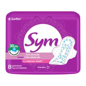 Absorvente Sym Fluxo Moderado 3D Gel Cobertura Suave Com Abas 8 unidades
