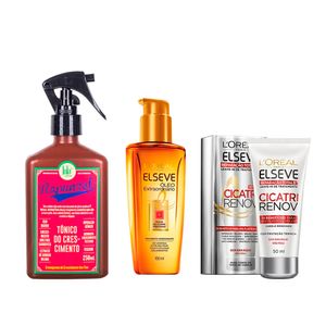 Kit Lola Tônico Rapunzel de Crescimento+Óleo Elseve Extraordinário+Creme Elseve Cicatri Renov