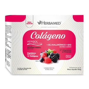 Colágeno Verisol + AcHialuronico + Q10 + 17 Vitaminas e Minerais Com 30 Envelopes 5g Frutas Vermelhas 150g Herbamed