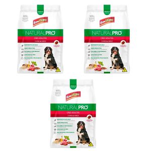 Kit 3 Ração Baw Waw Natural Pró Cão Adulto Carne e Arroz 1kg cada.