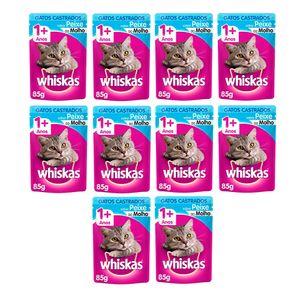 Kit 10 Ração Whiskas Peixe Gato Castrados Sachê 85g cada